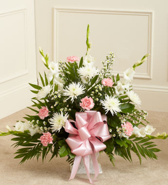 Tribute Pink &amp; White Floor Basket Arrangement